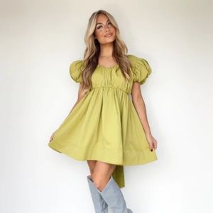 Puff Sleeve Mini Dress in Lime Green